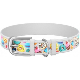 Ошейник WAUDOG с рисунком "Пончики"  (ш.35 мм, д.46-60 см), натур. кожа, белый в Зоомагазин "Природа"
