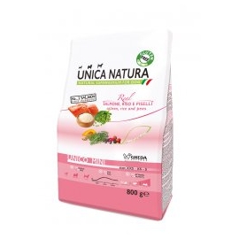 Корм Unica Natura для собак мелких пород, сёмга, рис,горох, 800гр в Зоомагазин "Природа"